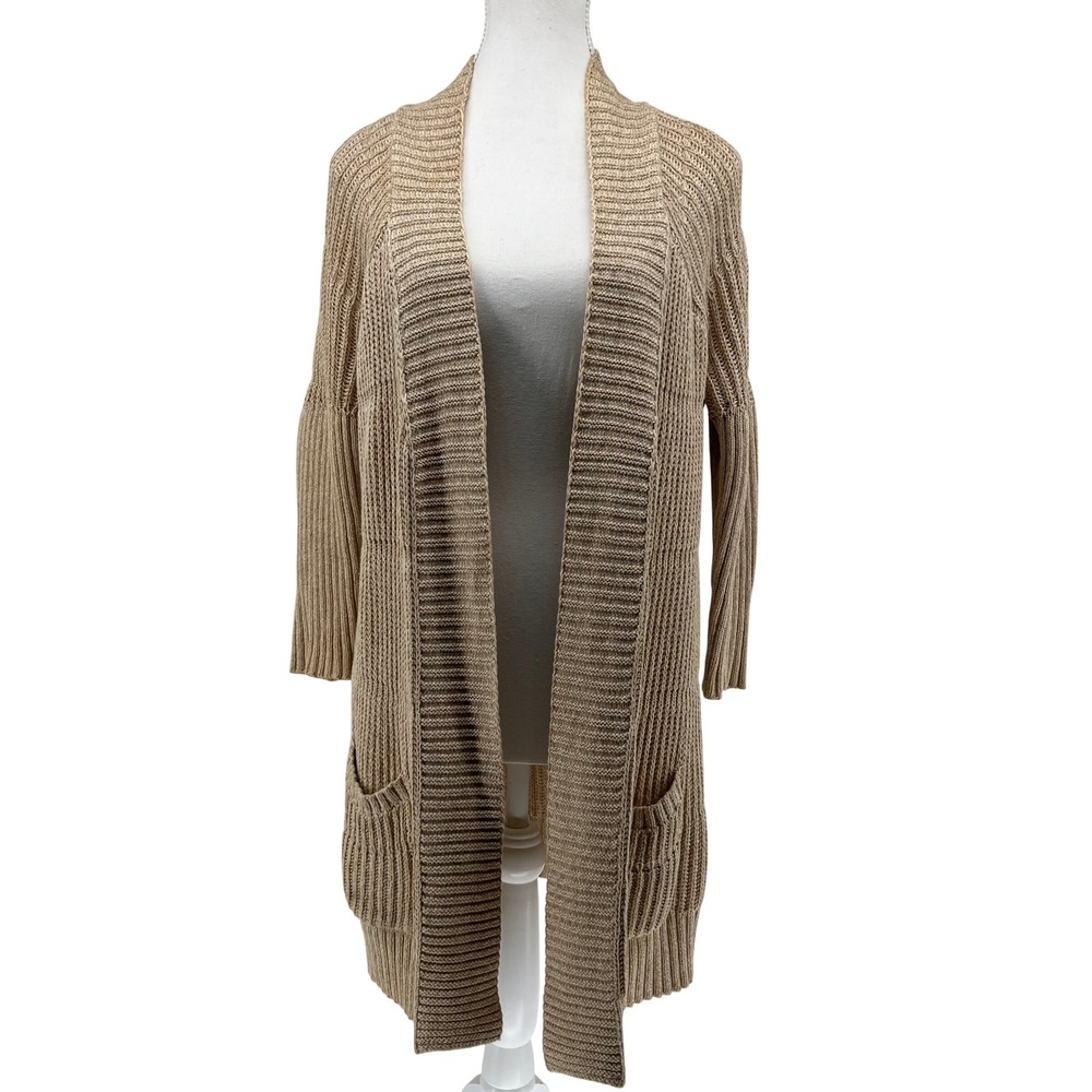Lucky Brand Women Knit Cardigan Tan Beige Long Sleeve Pockets Size S 100% cotton